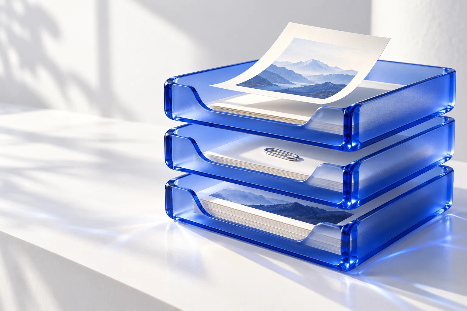 Three cobalt glass trays with neatly arranged papers and mountain photographs